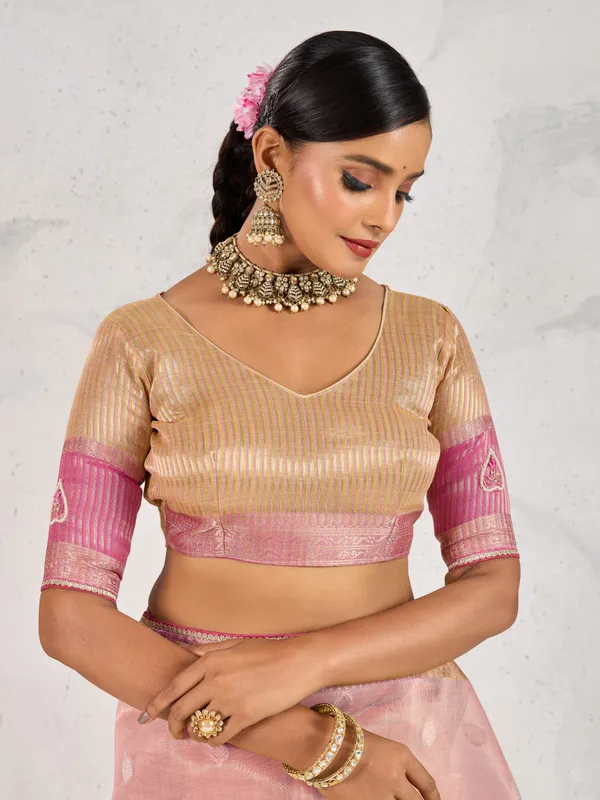 Blush_Pink_Tissue_Linen_Saree_With_Gold_Blouse_&_Hand_Embellished_Details_For_Women