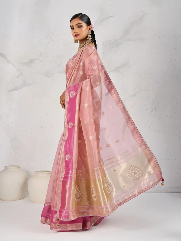 Blush_Pink_Tissue_Linen_Saree_With_Gold_Blouse_&_Hand_Embellished_Details_For_Women