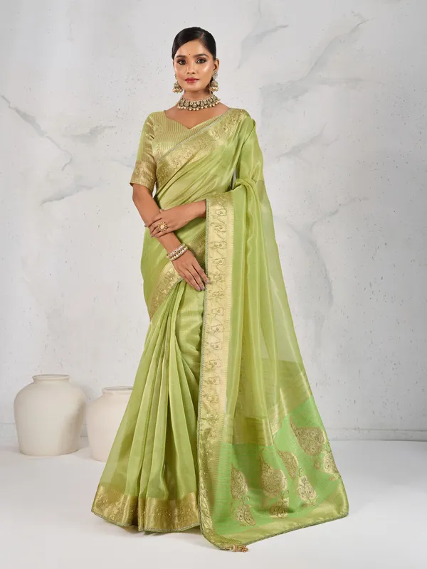 Pista_Green_Tissue_Linen_Saree_With_Handcrafted_Zardosi_Pallu_&_Gold_Embellished_Border_For_Women