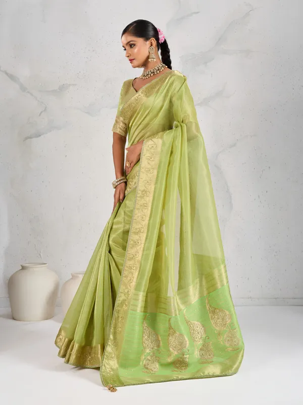 Pista_Green_Tissue_Linen_Saree_With_Handcrafted_Zardosi_Pallu_&_Gold_Embellished_Border_For_Women