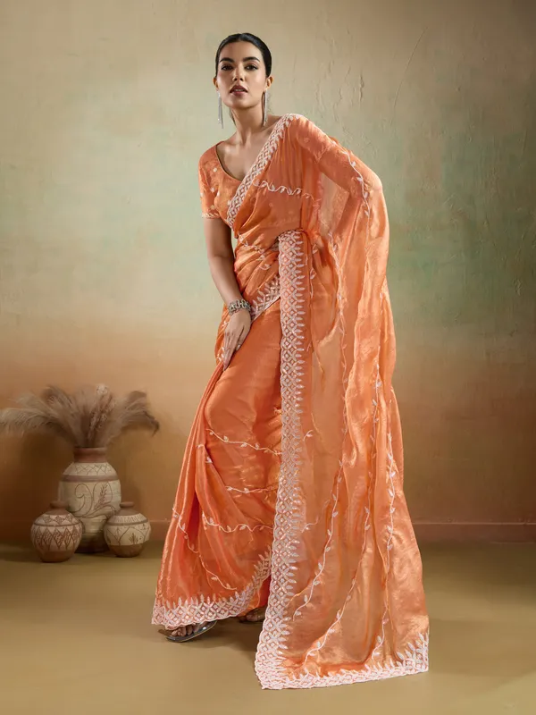 Sunset_Peach_Velvet_Chiffon_Saree_with_Sequins_&_Thread_Embroidery