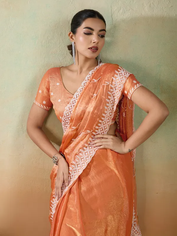 Sunset_Peach_Velvet_Chiffon_Saree_with_Sequins_&_Thread_Embroidery