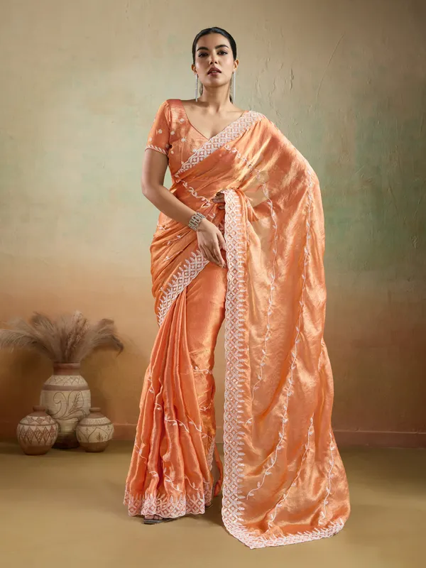 Sunset_Peach_Velvet_Chiffon_Saree_with_Sequins_&_Thread_Embroidery