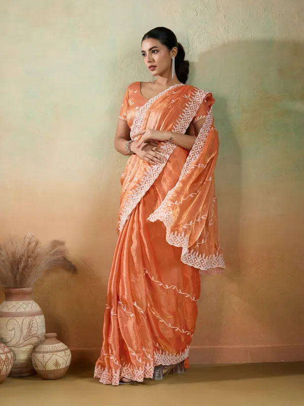 Sunset_Peach_Velvet_Chiffon_Saree_with_Sequins_&_Thread_Embroidery