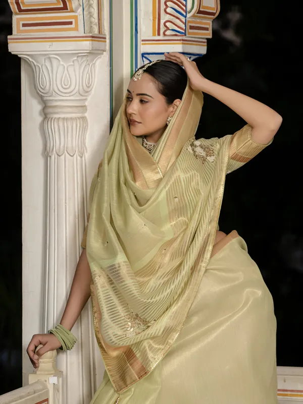 Pista_Green_Tissue_Linen_Saree_With_Khatli_Embroidery_&_Golden_Zari_For_Women