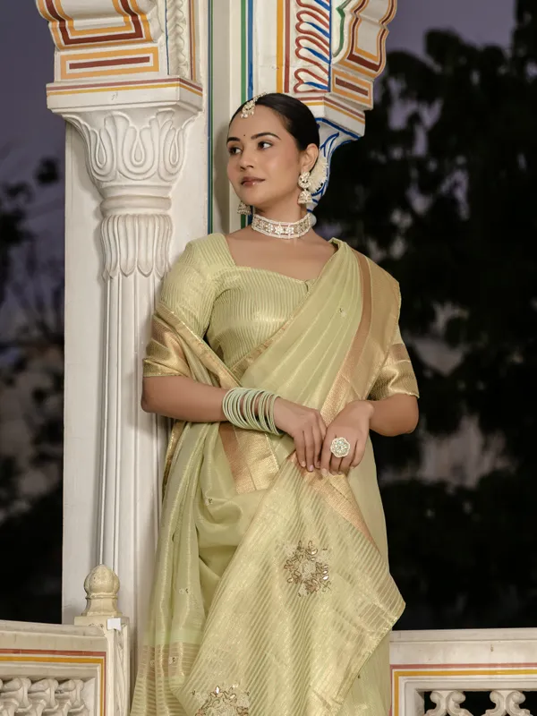 Pista_Green_Tissue_Linen_Saree_With_Khatli_Embroidery_&_Golden_Zari_For_Women