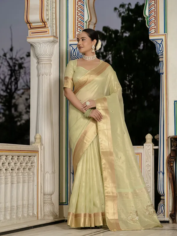 Pista_Green_Tissue_Linen_Saree_With_Khatli_Embroidery_&_Golden_Zari_For_Women