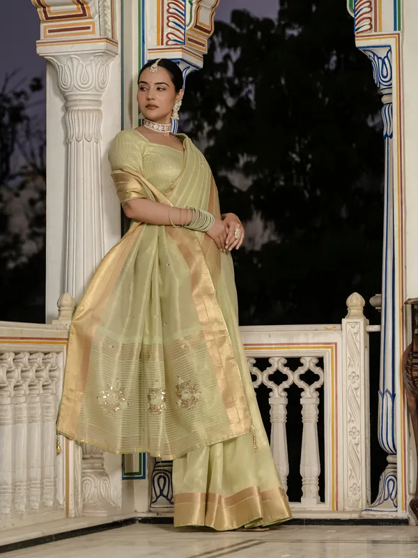 Pista_Green_Tissue_Linen_Saree_With_Khatli_Embroidery_&_Golden_Zari_For_Women