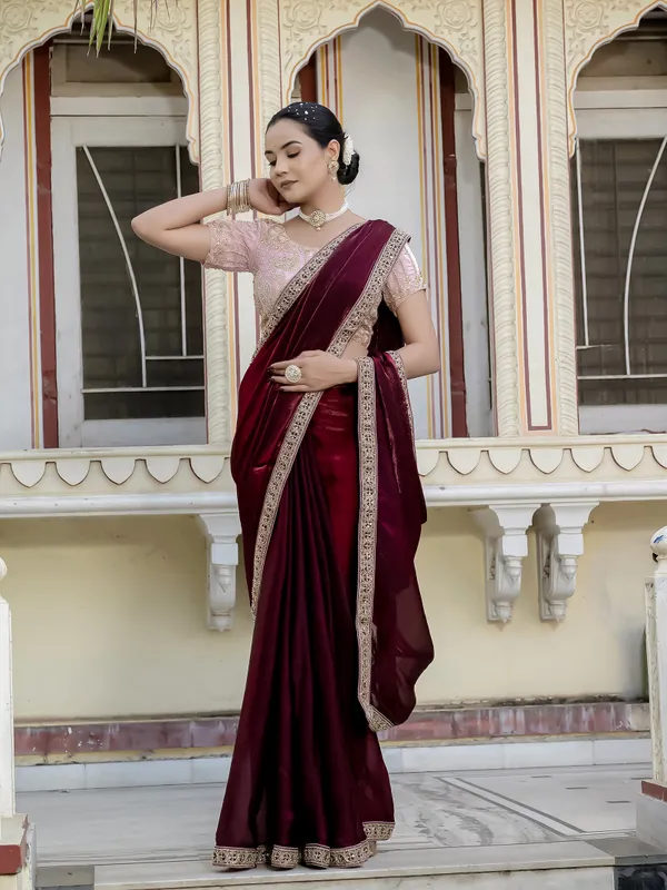 Deep_Maroon_Velvet_Satin_Saree_For_Women