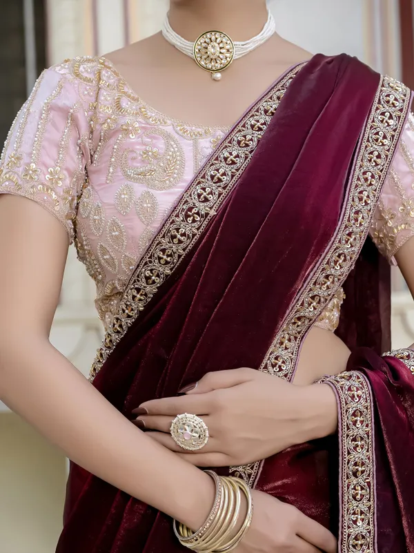 Deep_Maroon_Velvet_Satin_Saree_For_Women