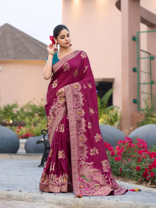 Wine_Gharchola_Saree_In_Pure_Dola_Silk_With_Zari_Weaving_For_Women