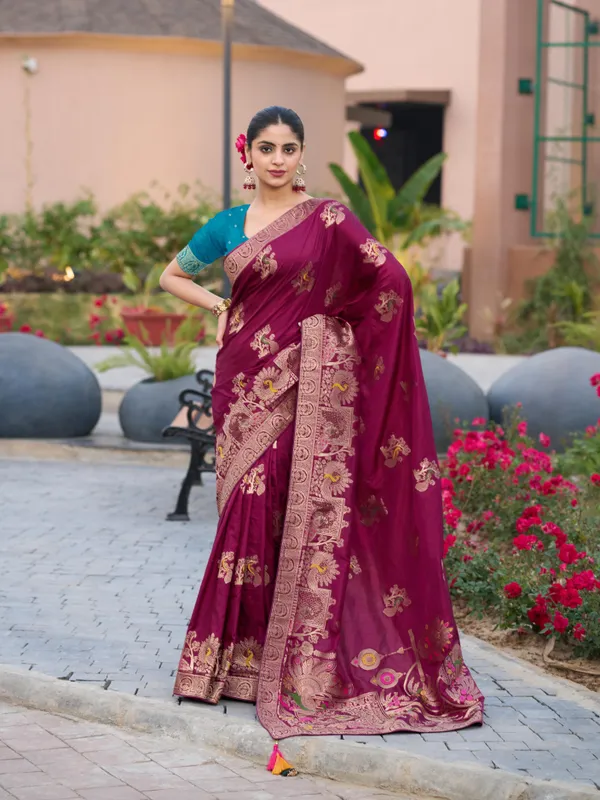 Wine_Gharchola_Saree_In_Pure_Dola_Silk_With_Zari_Weaving_For_Women