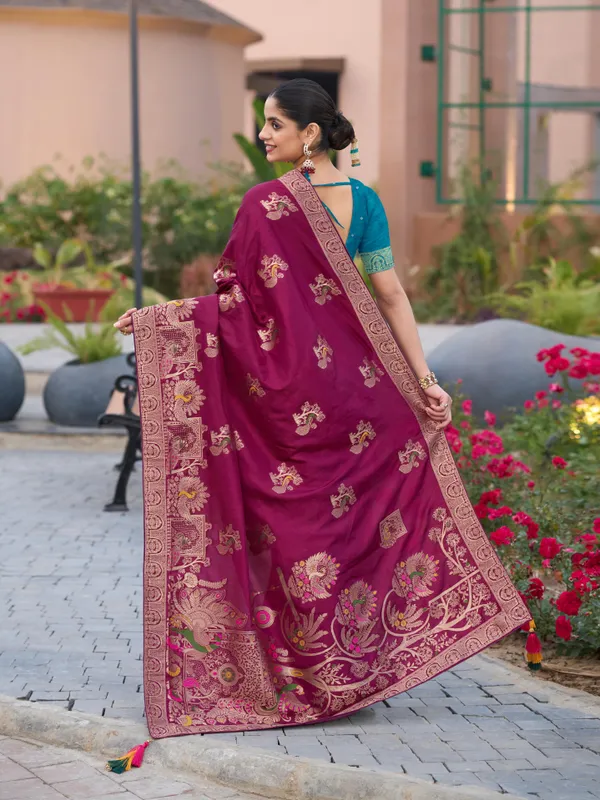 Wine_Gharchola_Saree_In_Pure_Dola_Silk_With_Zari_Weaving_For_Women
