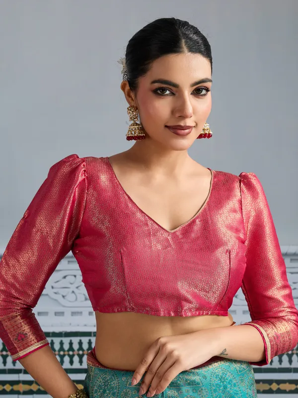 Teal_Blue_&_Rani_Pink_Kanjivaram_Mul_Silk_Meenakari_Saree