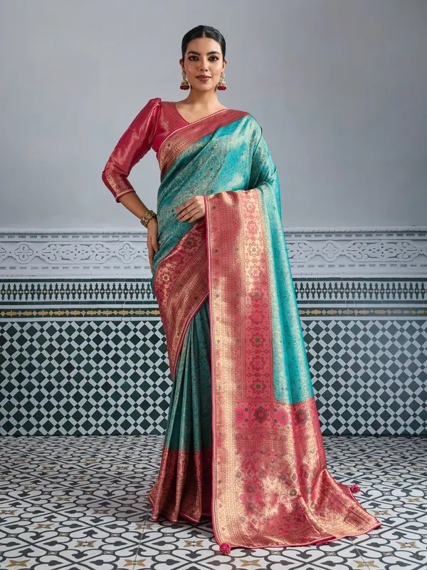 Teal_Blue_&_Rani_Pink_Kanjivaram_Mul_Silk_Meenakari_Saree