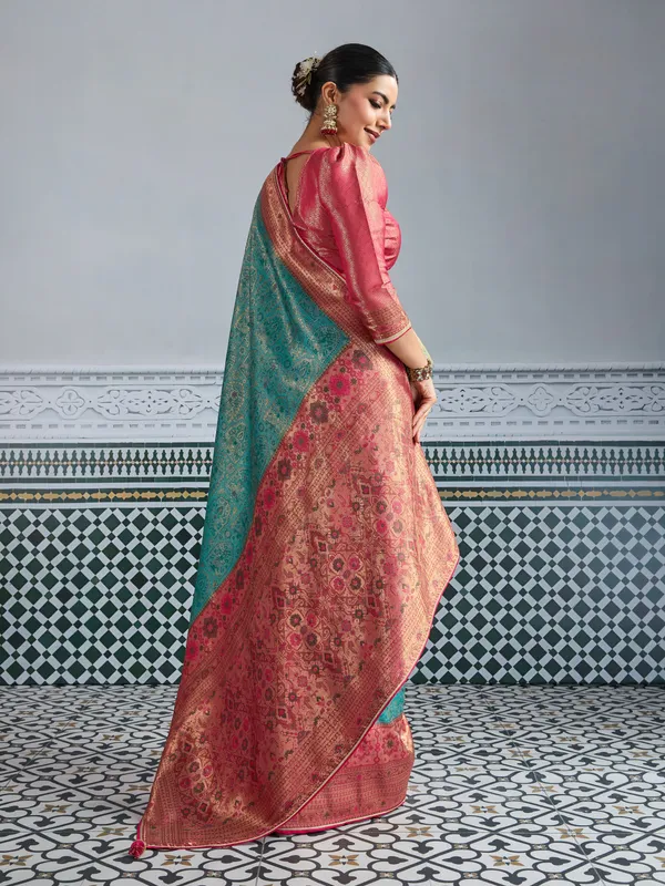 Teal_Blue_&_Rani_Pink_Kanjivaram_Mul_Silk_Meenakari_Saree