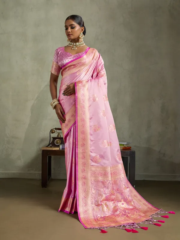 Baby_Pink_Satin_Silk_Banarasi_Saree_with_Golden_Zari_&_Meenakari_Work