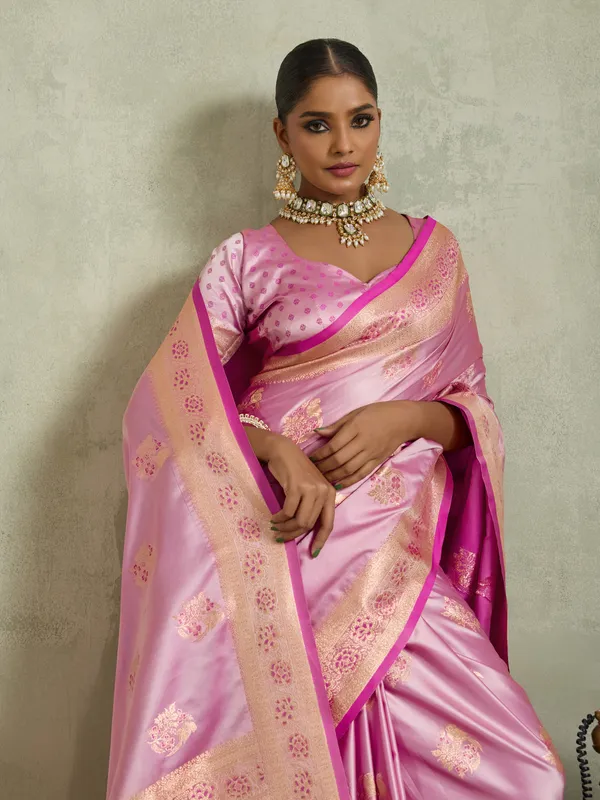 Baby_Pink_Satin_Silk_Banarasi_Saree_with_Golden_Zari_&_Meenakari_Work