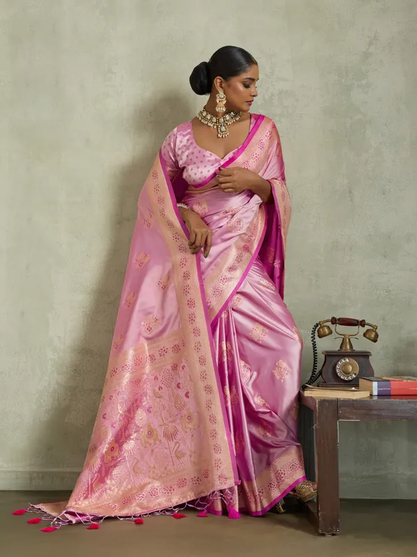 Baby_Pink_Satin_Silk_Banarasi_Saree_with_Golden_Zari_&_Meenakari_Work