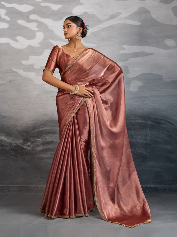 Metallic_Copper_Burberry_Chiffon_Saree_With_Beads_&_Cutdana_Lace_For_Women