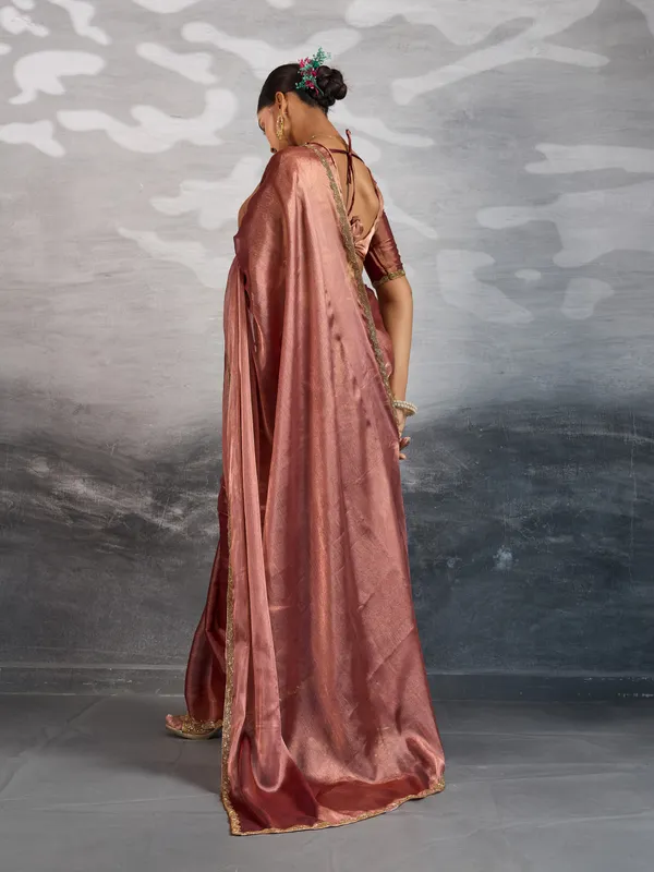Metallic_Copper_Burberry_Chiffon_Saree_With_Beads_&_Cutdana_Lace_For_Women