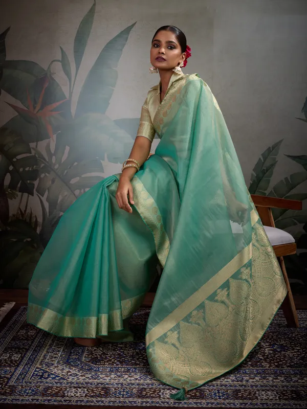 Mint_Green_Tissue_Silk_Saree_With_Gold_Zari_Woven_Pallu_&_Brocade_Blouse_For_Women