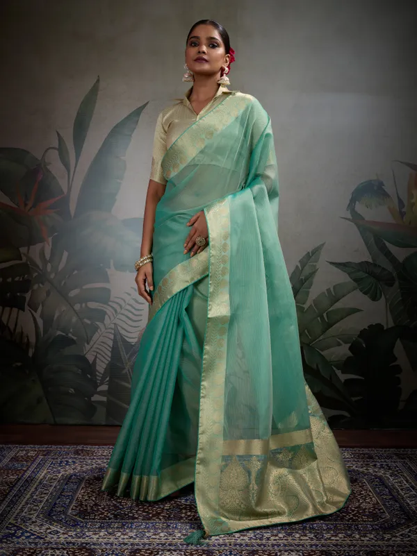 Mint_Green_Tissue_Silk_Saree_With_Gold_Zari_Woven_Pallu_&_Brocade_Blouse_For_Women