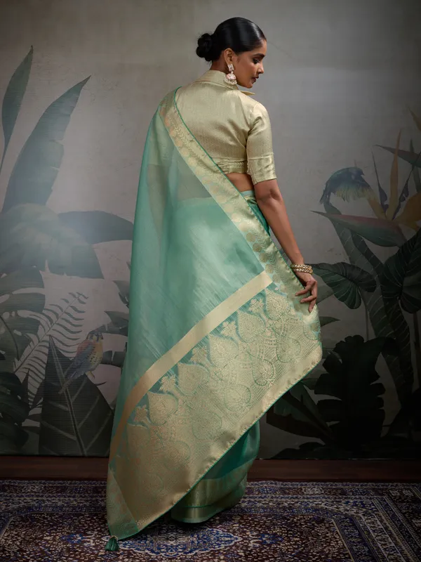 Mint_Green_Tissue_Silk_Saree_With_Gold_Zari_Woven_Pallu_&_Brocade_Blouse_For_Women