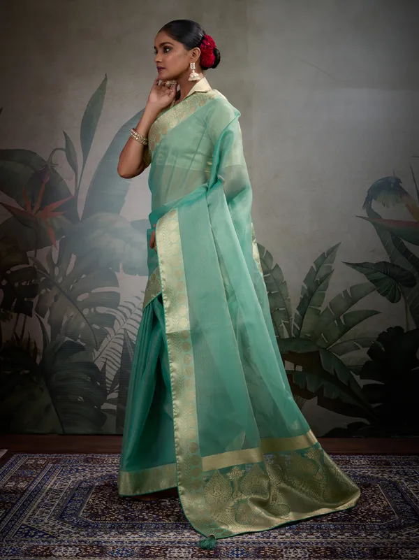 Mint_Green_Tissue_Silk_Saree_With_Gold_Zari_Woven_Pallu_&_Brocade_Blouse_For_Women