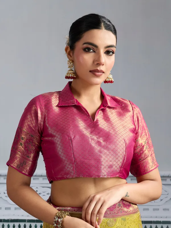 Mustard_Yellow_&_Rani_Pink_Kanjivaram_Silk_Saree_with_Meenakari_Jaal_Weave