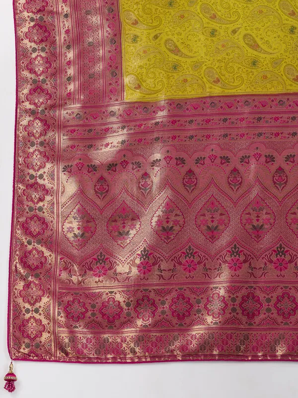 Mustard_Yellow_&_Rani_Pink_Kanjivaram_Silk_Saree_with_Meenakari_Jaal_Weave