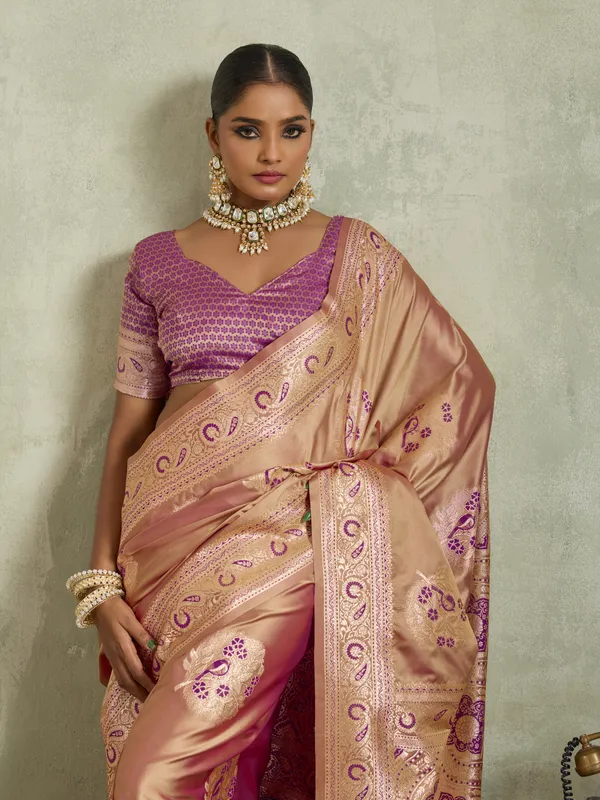Peach_Satin_Silk_Banarasi_Saree_with_Purple_Meenakari_Work