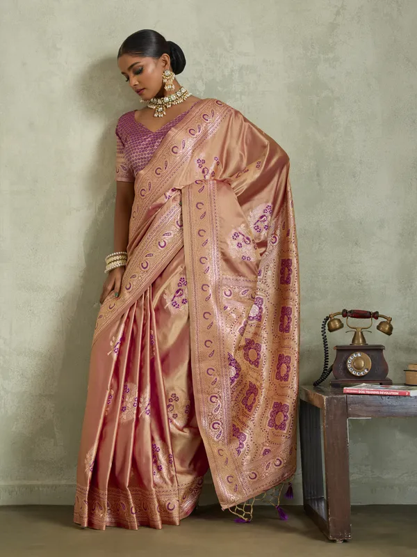 Peach_Satin_Silk_Banarasi_Saree_with_Purple_Meenakari_Work