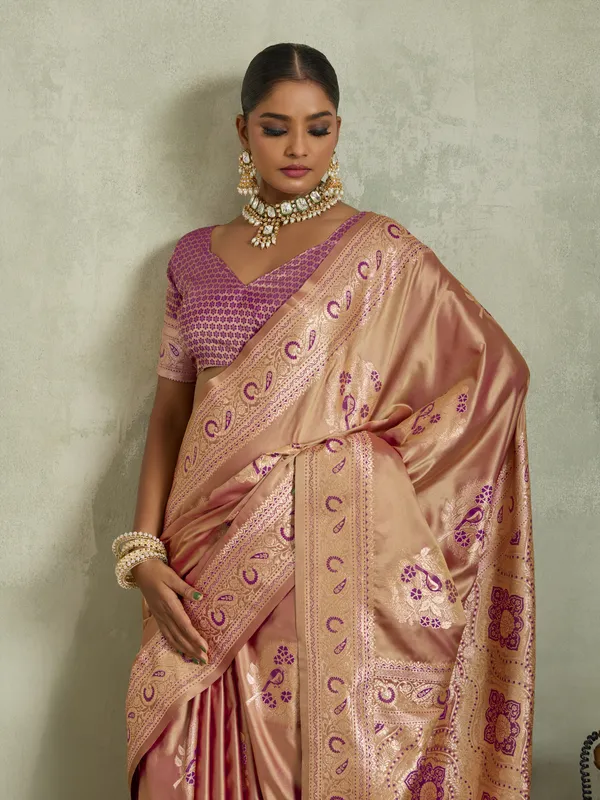 Peach_Satin_Silk_Banarasi_Saree_with_Purple_Meenakari_Work