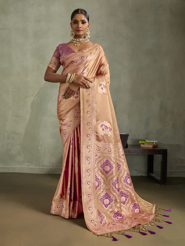 Peach_Satin_Silk_Banarasi_Saree_with_Purple_Meenakari_Work
