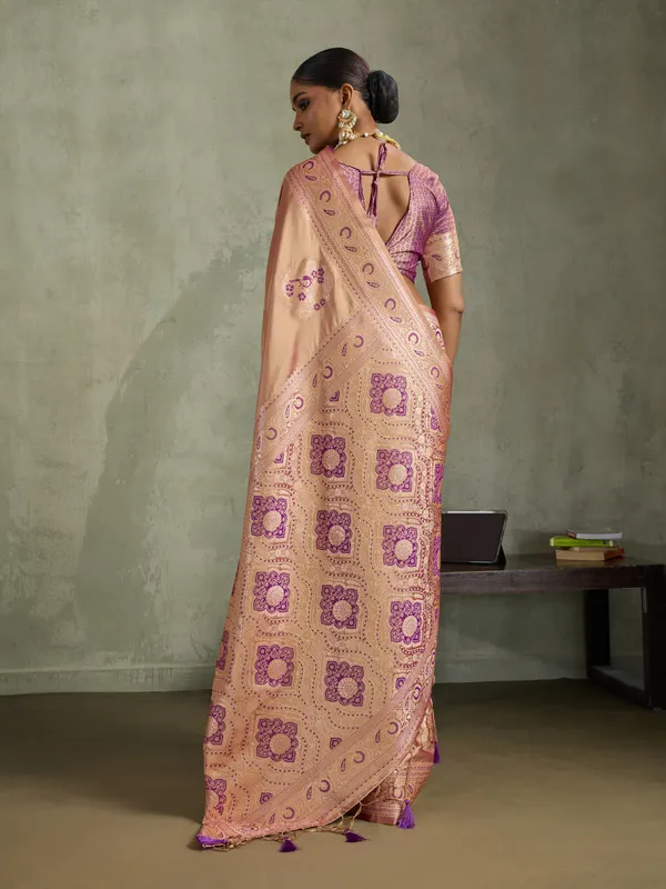 Peach_Satin_Silk_Banarasi_Saree_with_Purple_Meenakari_Work