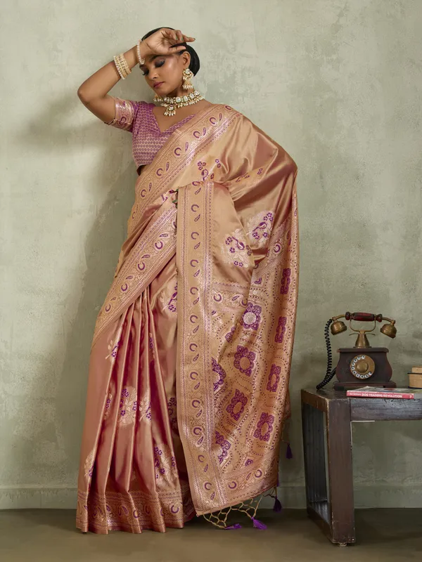 Peach_Satin_Silk_Banarasi_Saree_with_Purple_Meenakari_Work
