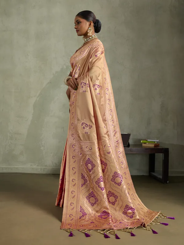 Peach_Satin_Silk_Banarasi_Saree_with_Purple_Meenakari_Work