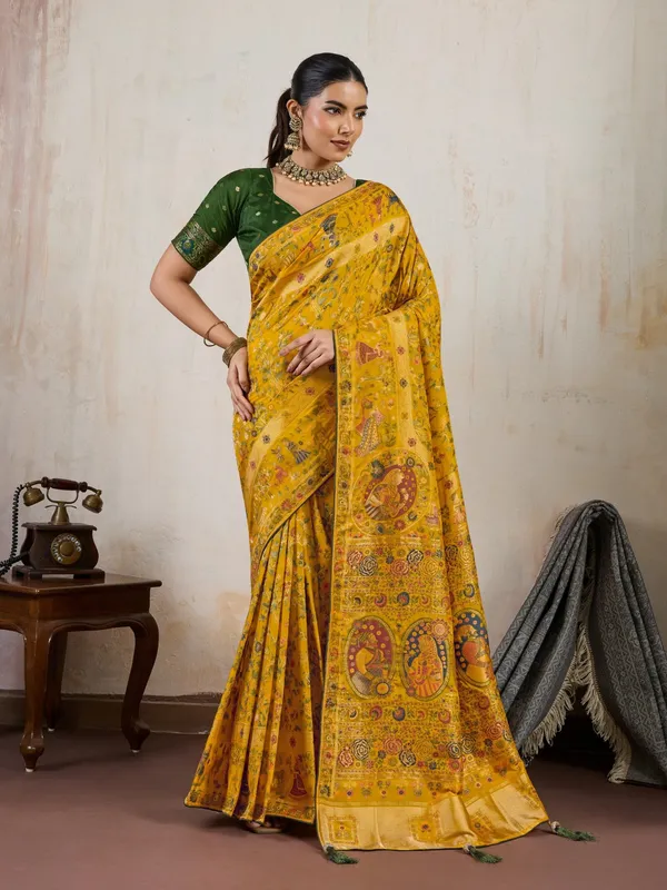 Deep_green_&_Golden_Yellow_Makhmal_Soft_Silk_Saree_with_Meenakari_Weave