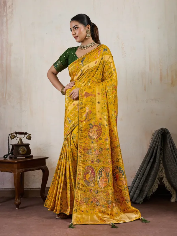 Deep_green_&_Golden_Yellow_Makhmal_Soft_Silk_Saree_with_Meenakari_Weave