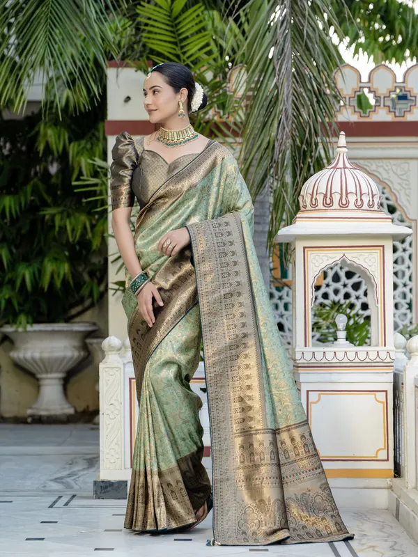 Pastel_Mint_Green_Kanjivaram_Silk_Saree_With_Zari_&_Meenakari_Weave_For_Women