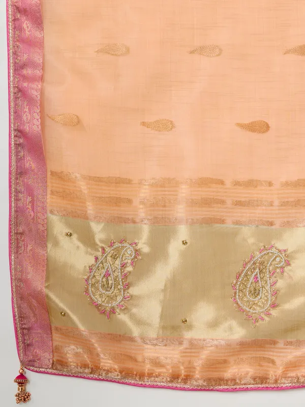 Peach_Gold_Tissue_Linen_Saree_With_Pink_Accents_&_Hand_Embellished_Details_For_Women