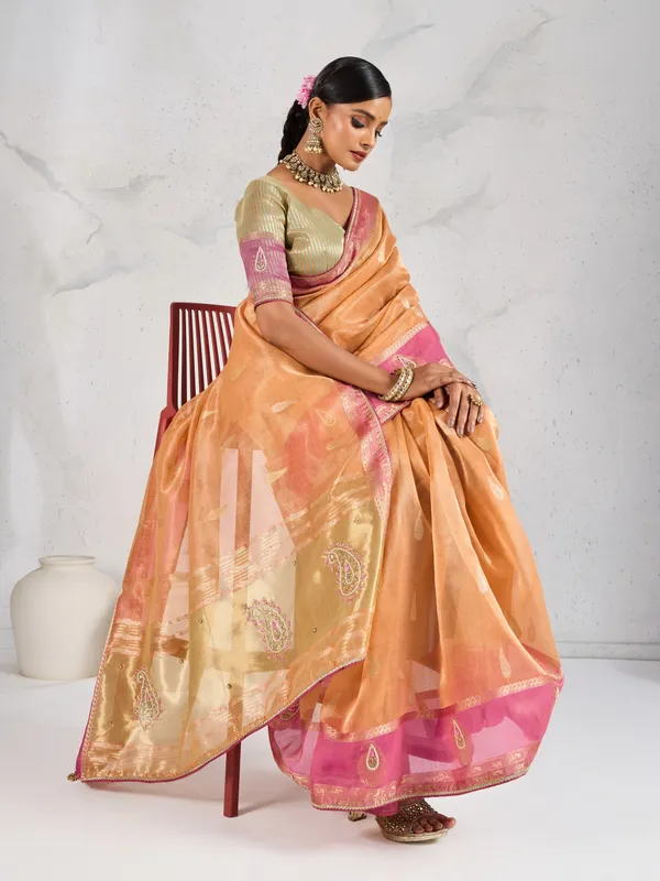 Peach_Gold_Tissue_Linen_Saree_With_Pink_Accents_&_Hand_Embellished_Details_For_Women