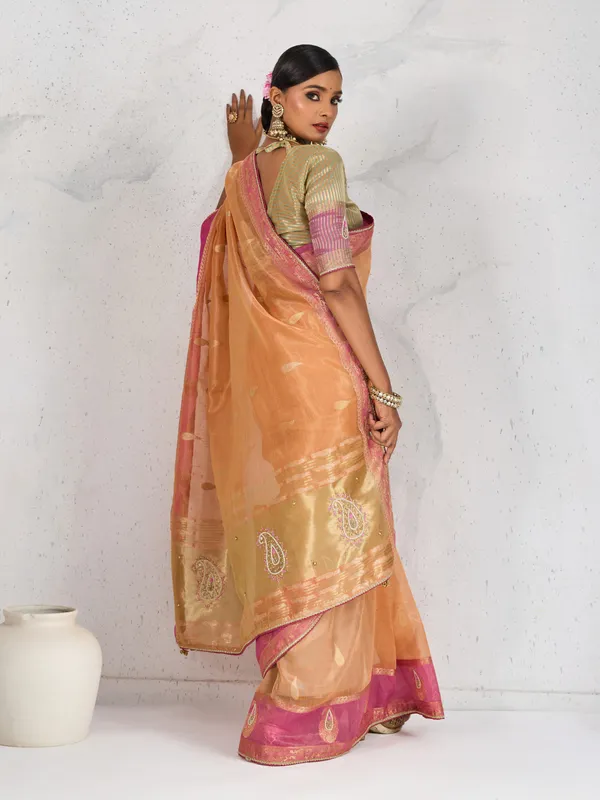 Peach_Gold_Tissue_Linen_Saree_With_Pink_Accents_&_Hand_Embellished_Details_For_Women