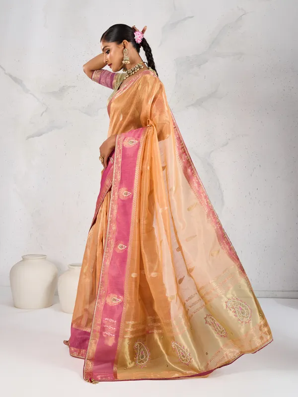 Peach_Gold_Tissue_Linen_Saree_With_Pink_Accents_&_Hand_Embellished_Details_For_Women