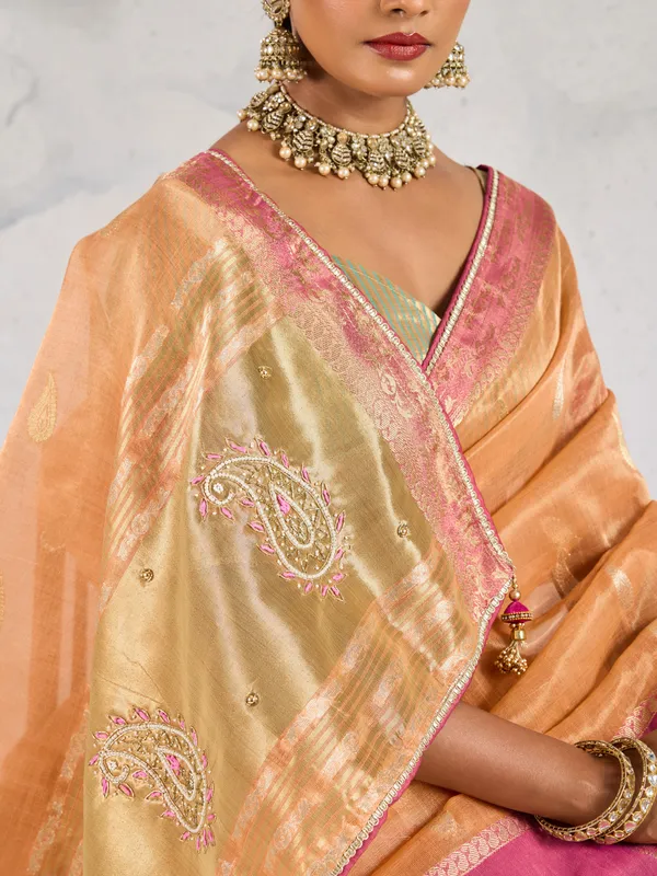 Peach_Gold_Tissue_Linen_Saree_With_Pink_Accents_&_Hand_Embellished_Details_For_Women