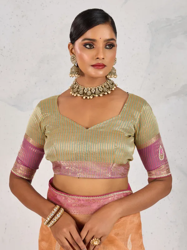Peach_Gold_Tissue_Linen_Saree_With_Pink_Accents_&_Hand_Embellished_Details_For_Women