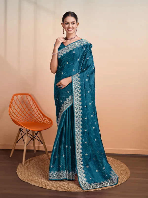 Teal_Blue_Blooming_Burberry_Embroidered_Partywear_Saree