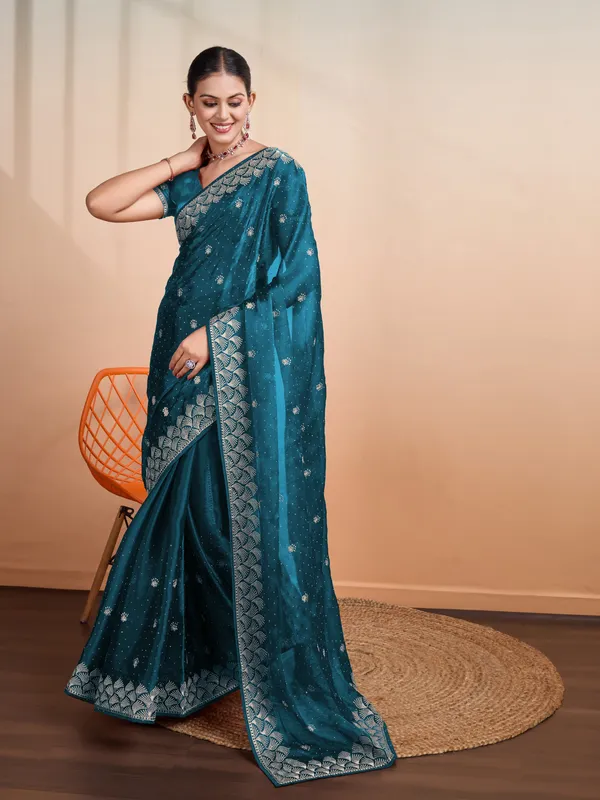 Teal_Blue_Blooming_Burberry_Embroidered_Partywear_Saree