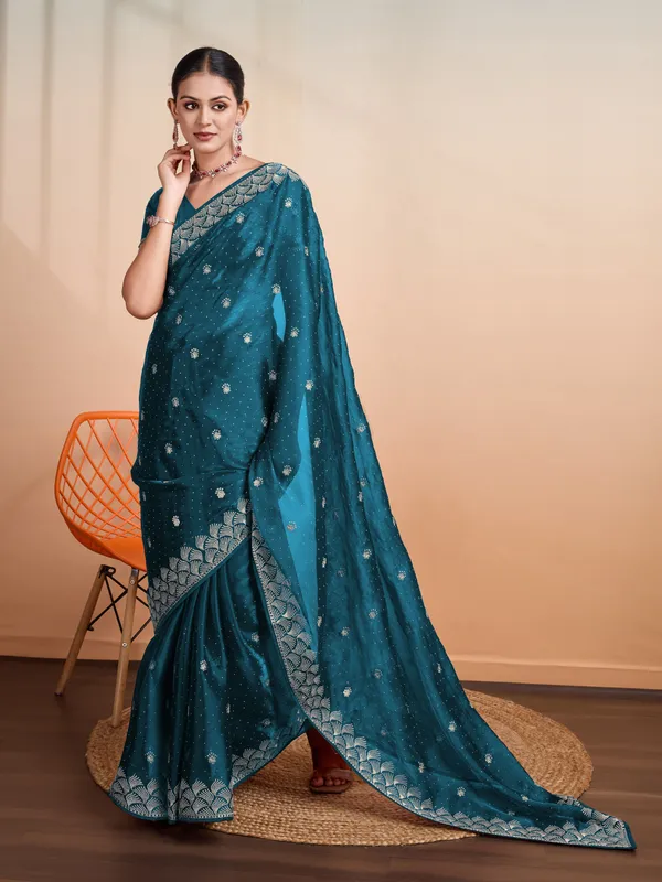 Teal_Blue_Blooming_Burberry_Embroidered_Partywear_Saree